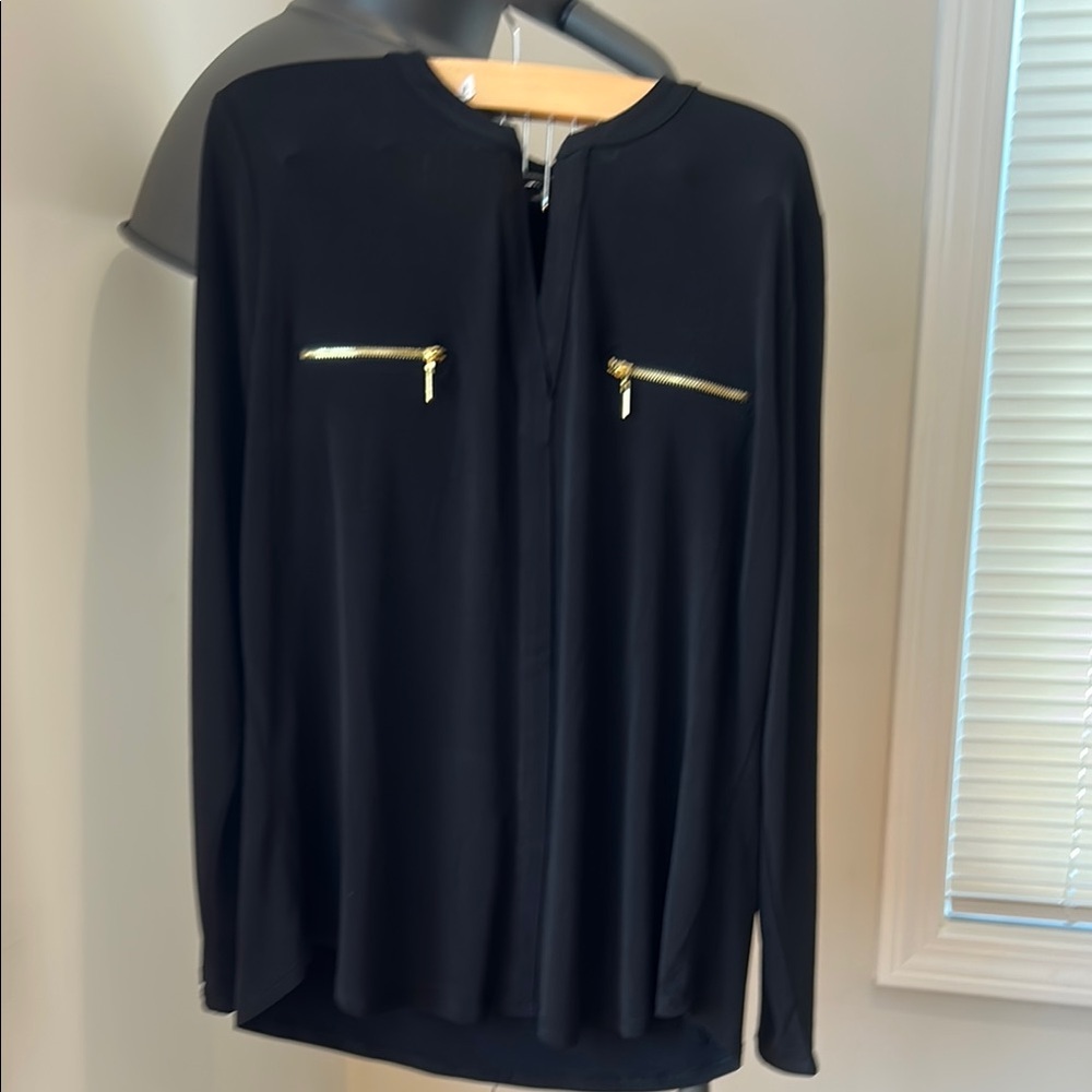 INC International Concepts Black Long Sleeve Mandarin Collar Blouse
